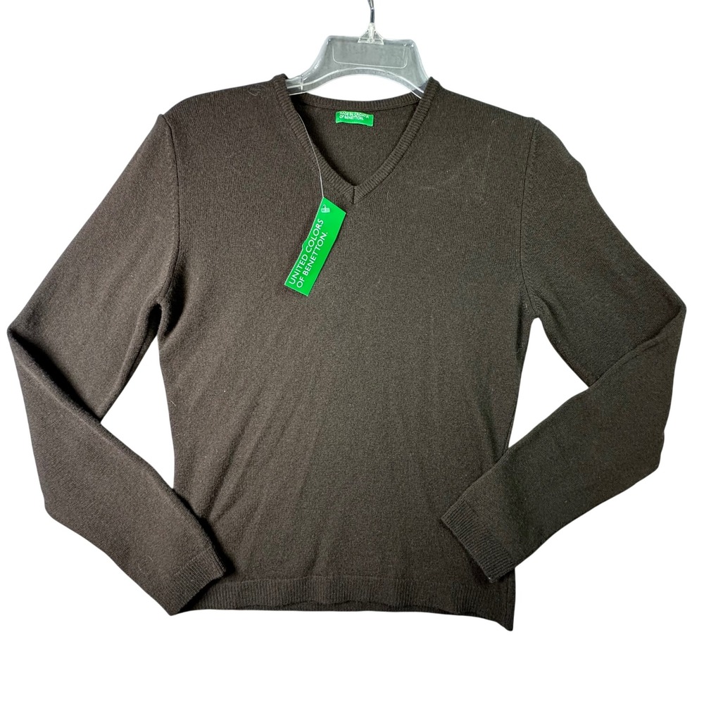 United Colors of Benetton Vintage Wool V-Neck Sweater Dark Academia Small Brown